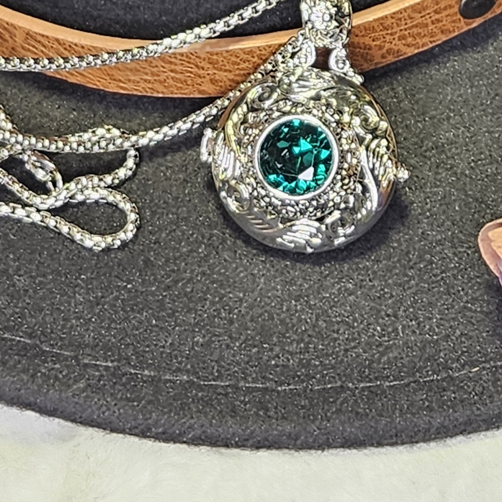 Emerald stone silver locket necklace